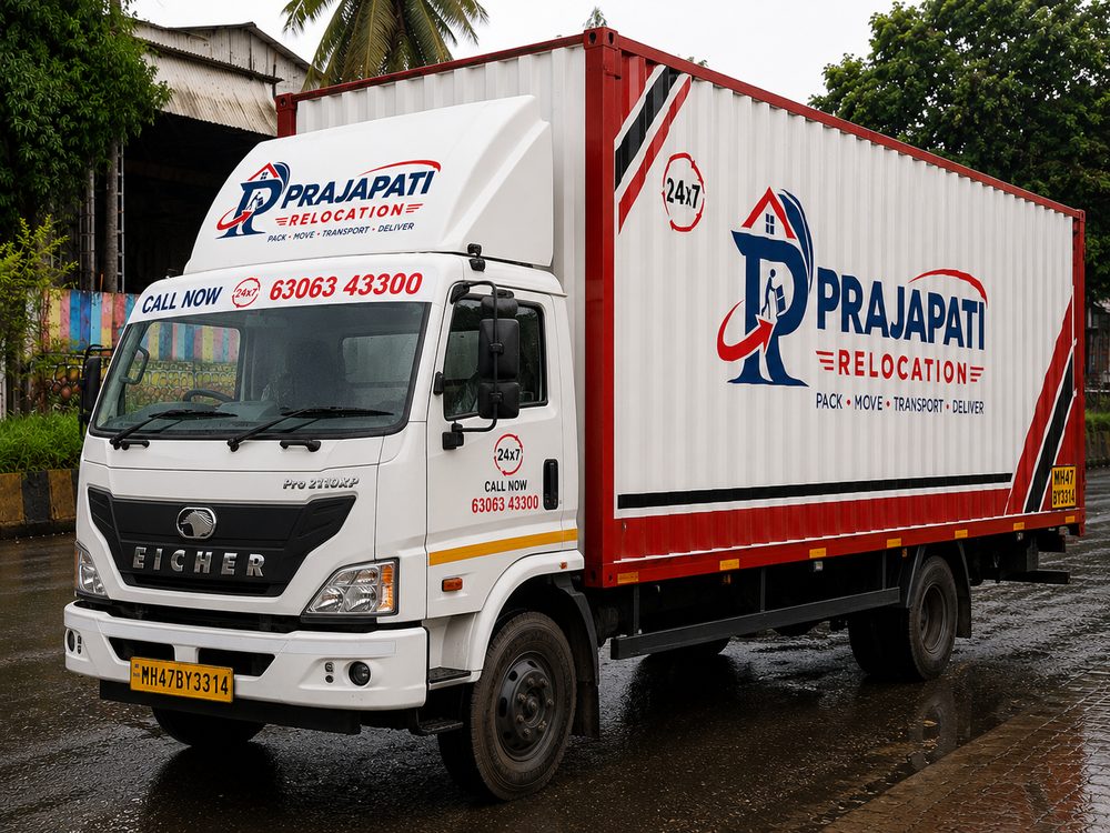 Prajapati Relocation branded Eicher truck available for larger relocations in Thane, Navi Mumbai and Mumbai
