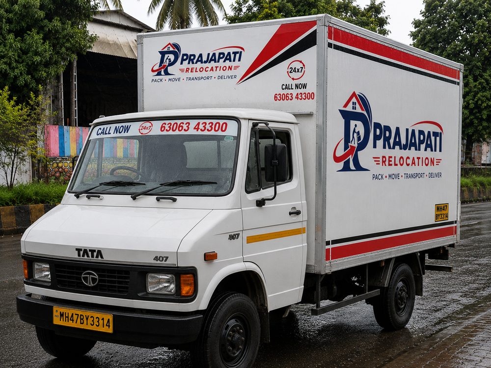 Prajapati Relocation branded Tata 407 truck available for household shifting in Thane, Navi Mumbai and Mumbai
